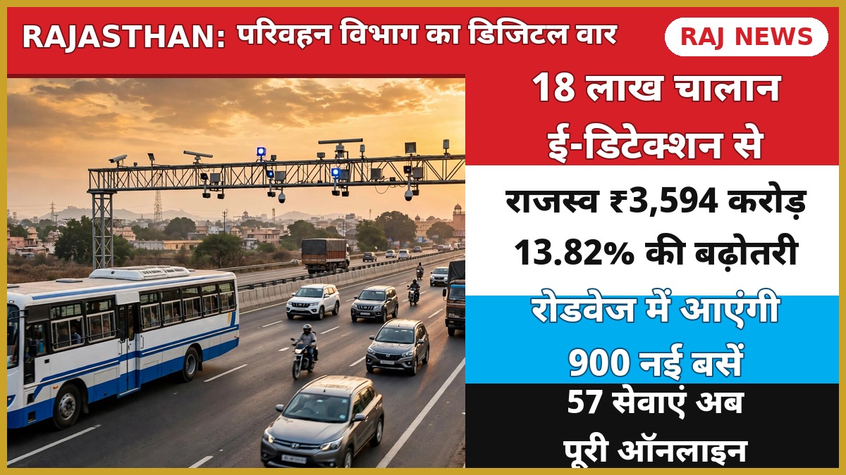 राजस्थान परिवहन विभाग: जयपुर हाईवे पर ई-डिटेक्शन कैमरा गैंट्री के नीचे से गुजरती राजस्थान रोडवेज बस और अन्य वाहन
