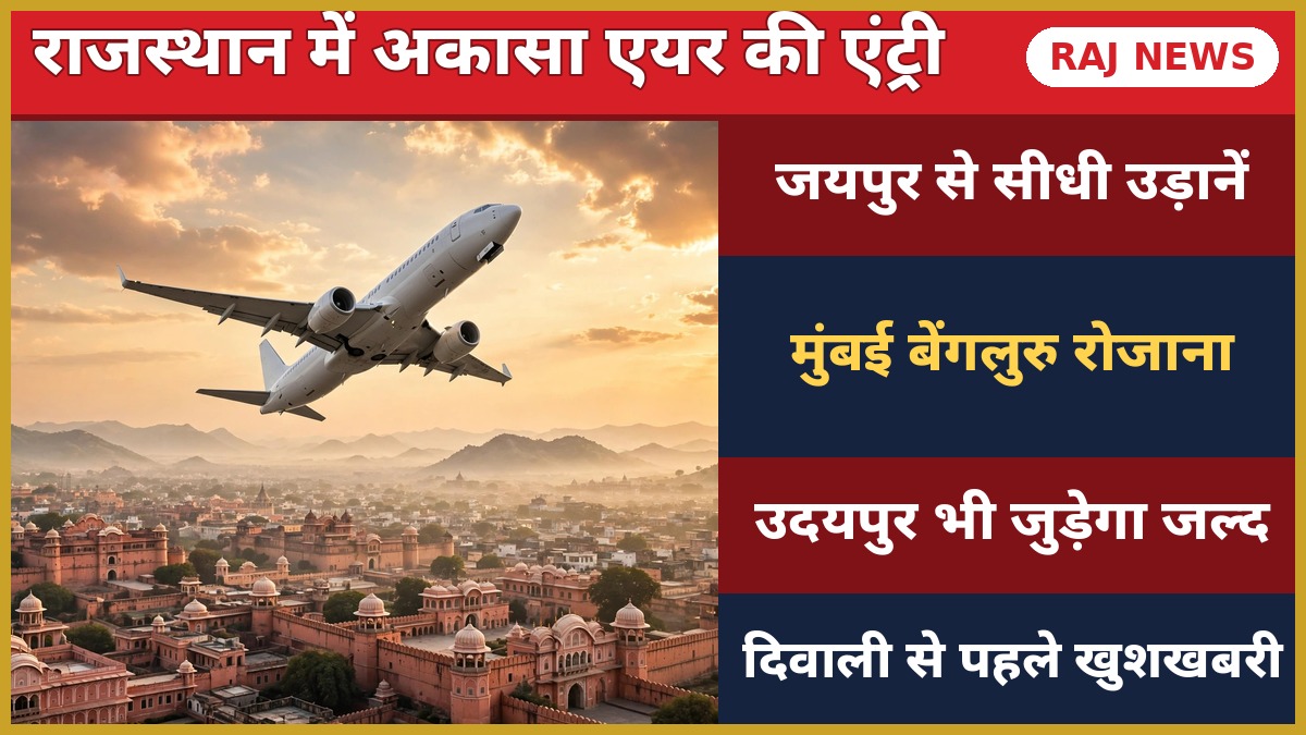 अकासा एयर जयपुर फ्लाइट — जयपुर से मुंबई और बेंगलुरु की सीधी उड़ान, सूर्योदय में पिंक सिटी के ऊपर हवाई जहाज