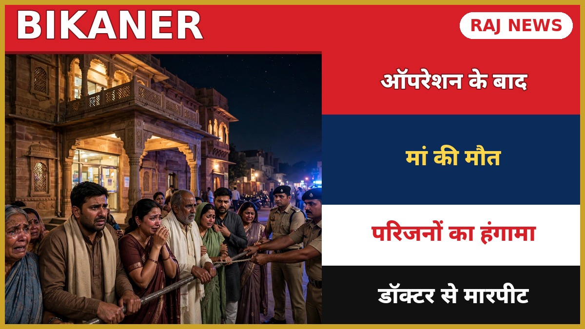 बीकानेर के निजी अस्पताल के बाहर रात में जमा परिजनों की भीड़ और पुलिस — महिला की मौत के बाद हंगामा