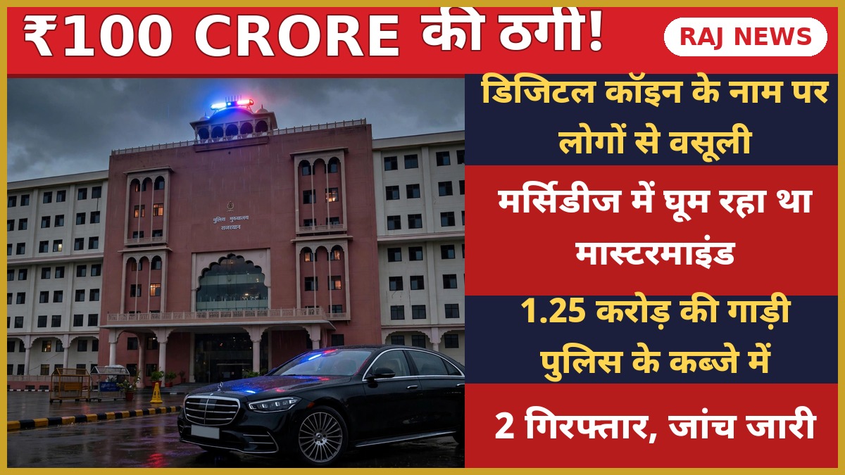 जयपुर में डिजिटल कॉइन ठगी मामले में बरामद मर्सिडीज कार के साथ पुलिस मुख्यालय