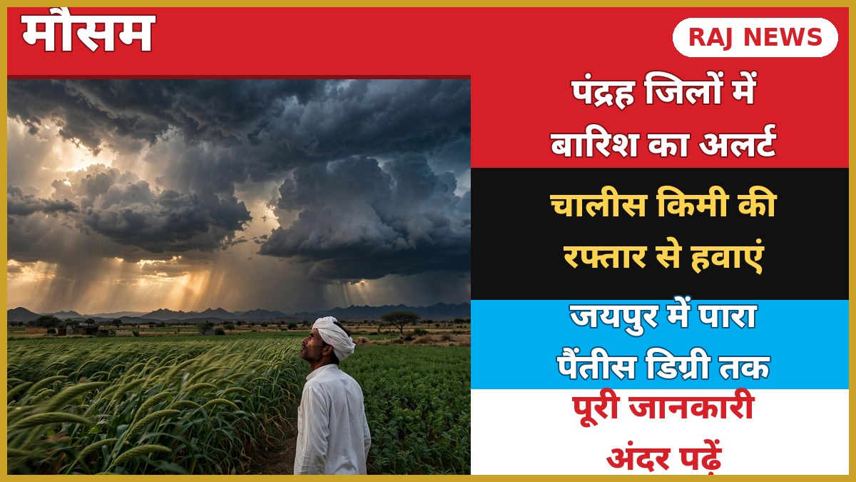 7 अक्टूबर 2026 को राजस्थान मौसम अपडेट — किसान खेत में तूफानी बादलों को देखते हुए, 15 जिलों में बारिश और तेज हवा का अलर्ट