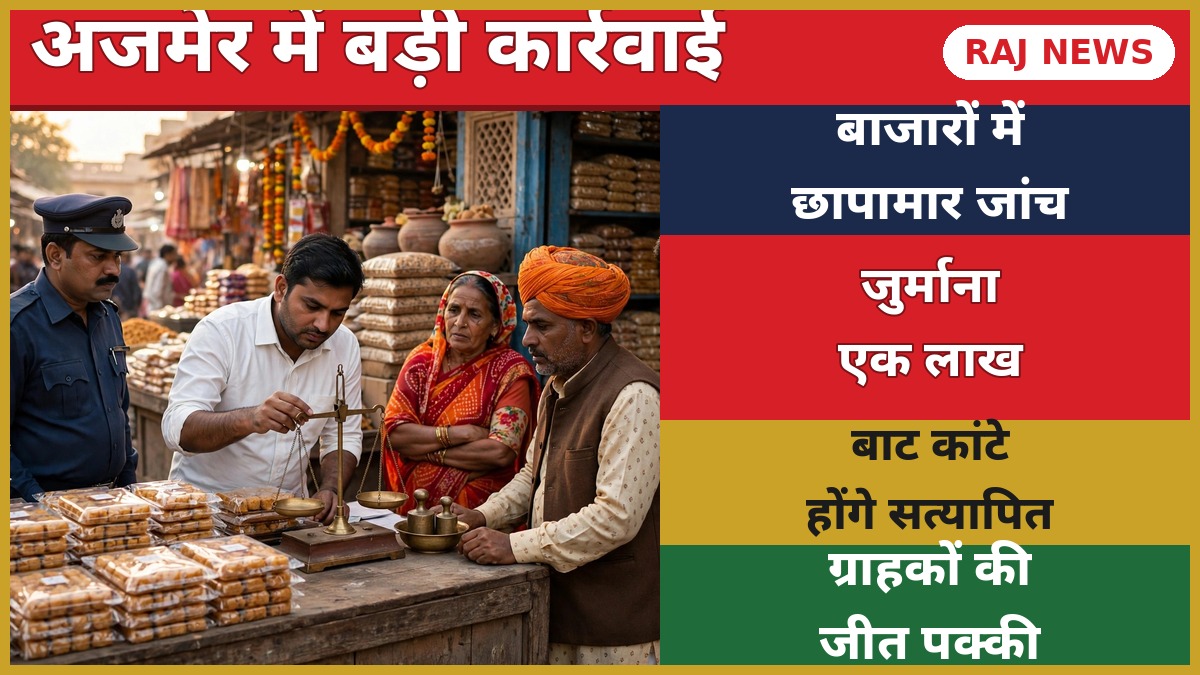 अजमेर में विधिक माप विज्ञान विभाग की औचक जांच — तराजू की जांच करता निरीक्षक