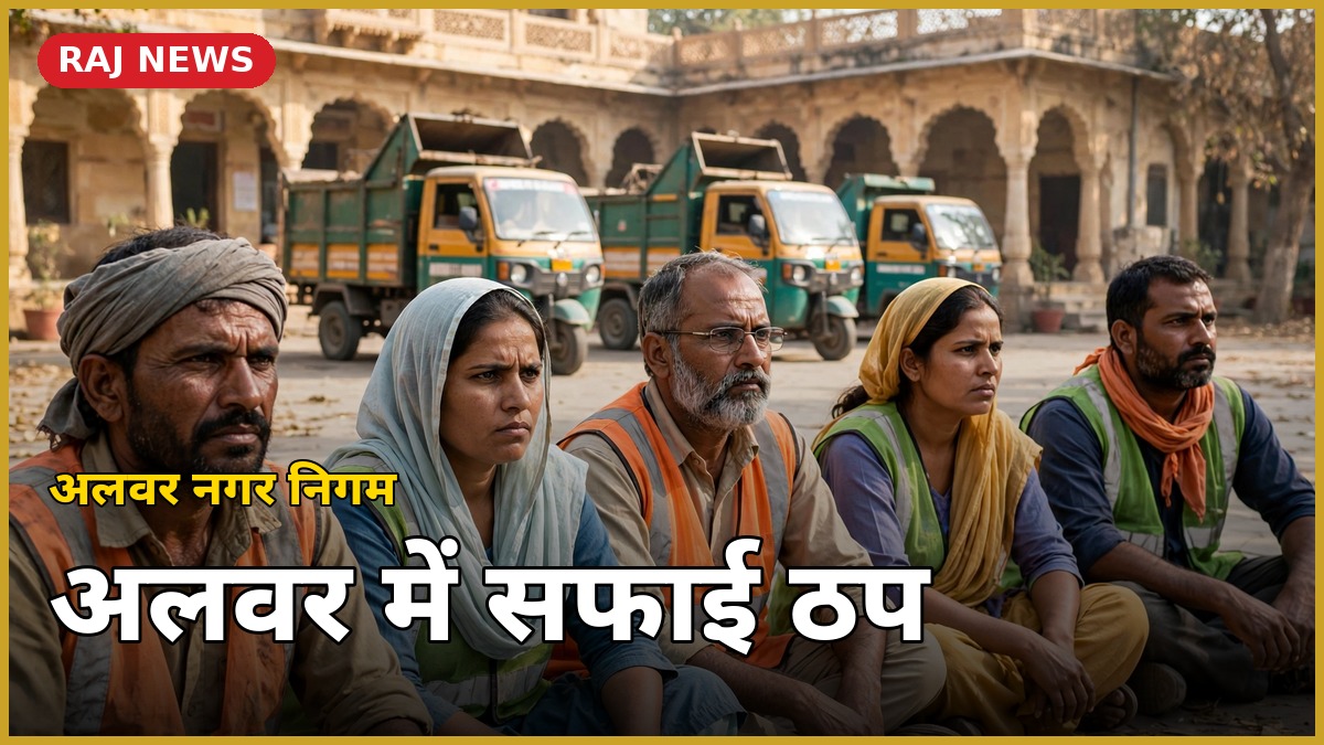 अलवर नगर निगम हड़ताल के दौरान प्रदर्शन करते सफाई कर्मचारी और खड़े टिपर वाहन