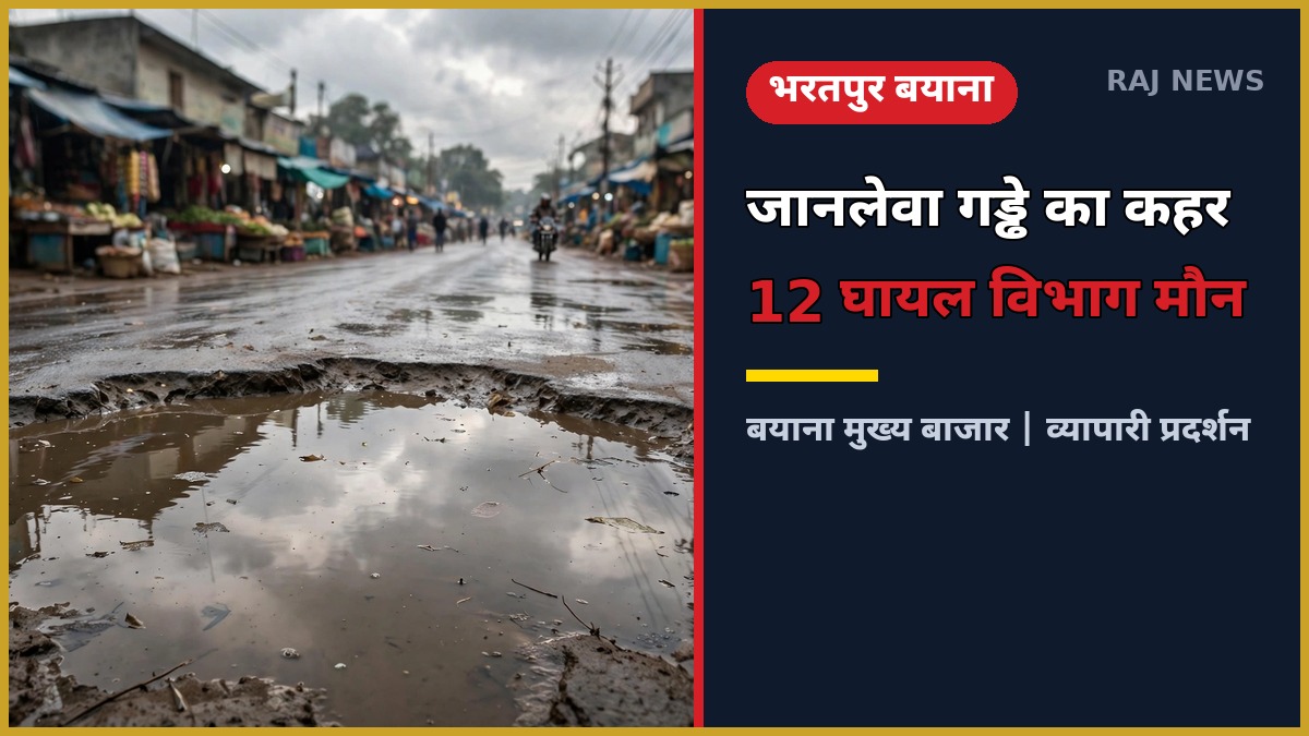 बयाना सड़क गड्ढा — भरतपुर के बयाना में मुख्य बाजार की सड़क पर पानी से भरा जानलेवा गड्ढा