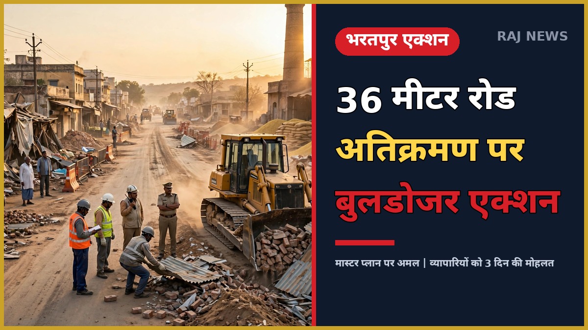 भरतपुर में BDA की अतिक्रमण हटाओ कार्रवाई — 36 मीटर सड़क चौड़ीकरण के लिए बुलडोजर एक्शन