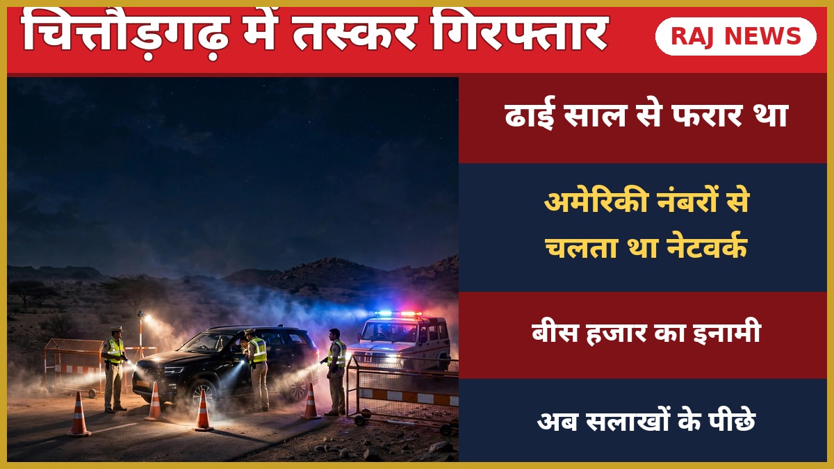 चित्तौड़गढ़ में अमेरिकी नंबरों से तस्करी नेटवर्क चलाने वाला 20 हजार का इनामी तस्कर खेताराम बिश्नोई गिरफ्तार — पुलिस कार्रवाई