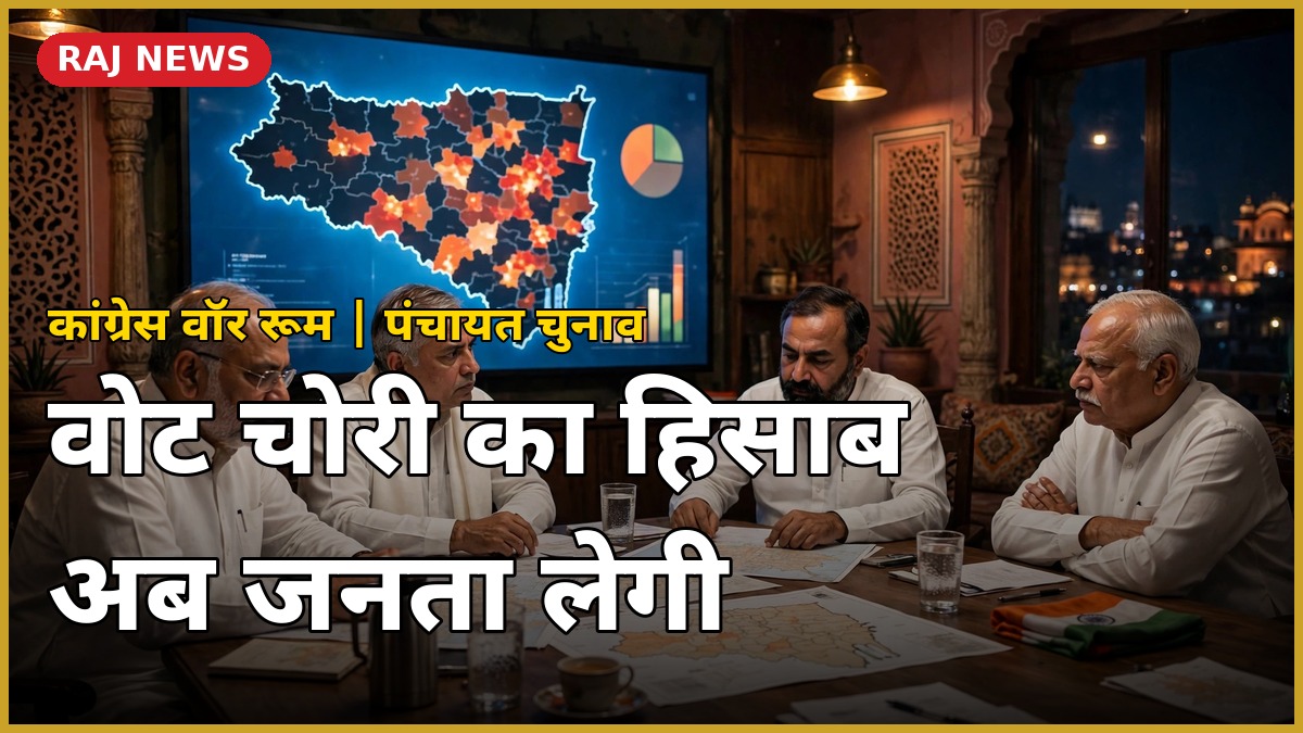 जयपुर में कांग्रेस के वॉर रूम में पंचायत चुनाव की रणनीति पर चर्चा करते वरिष्ठ नेता