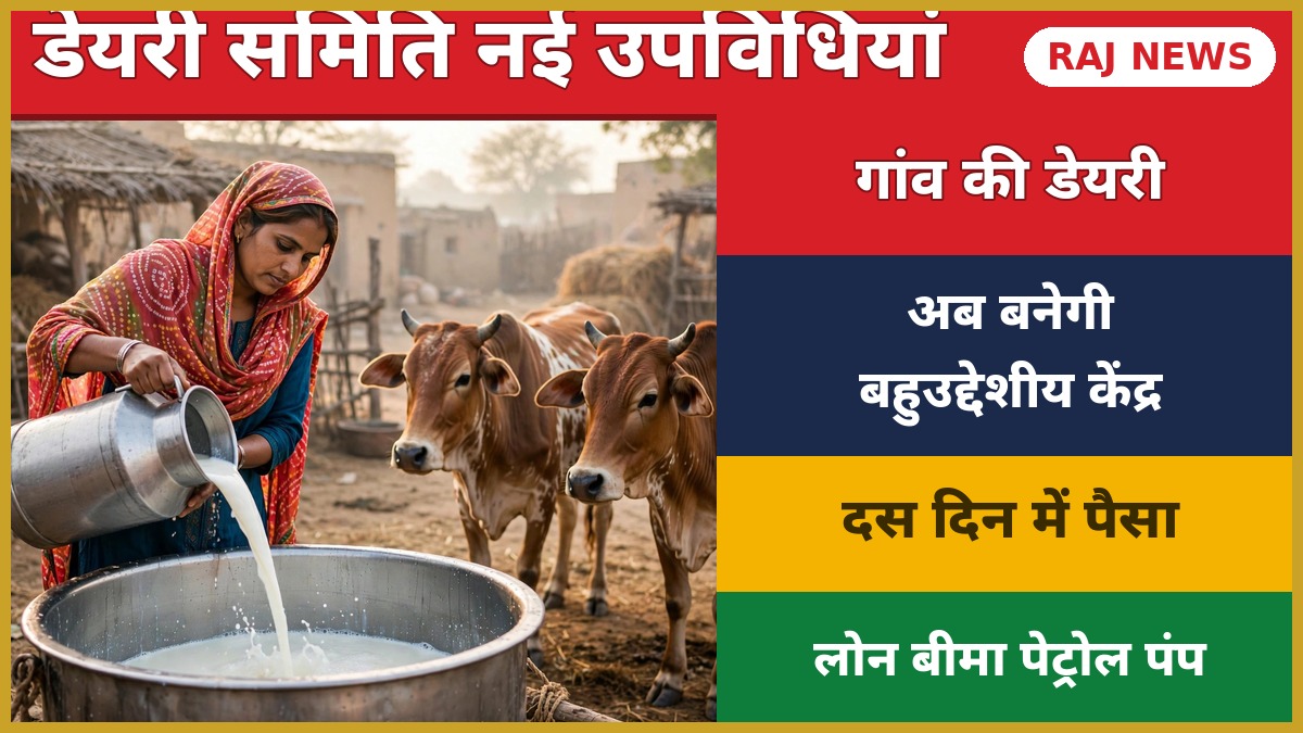 डेयरी समिति उपविधियां 2026 — गांव की डेयरी से दूध देती राजस्थानी महिला और गायें