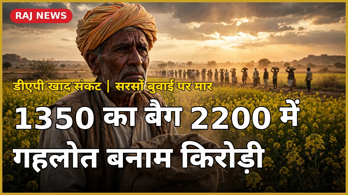 डीएपी खाद संकट पर चिंतित किसान, सरसों के खेत में खाद की बोरी के साथ