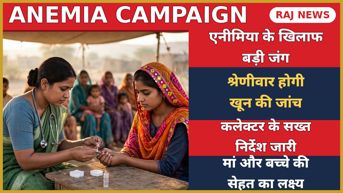 डीग में एनीमिया जांच अभियान — स्वास्थ्य कार्यकर्ता महिला की हीमोग्लोबिन जांच करते हुए