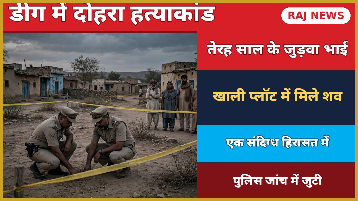 डीग में जुड़वा भाइयों की हत्या के बाद खाली प्लॉट पर जांच करती पुलिस