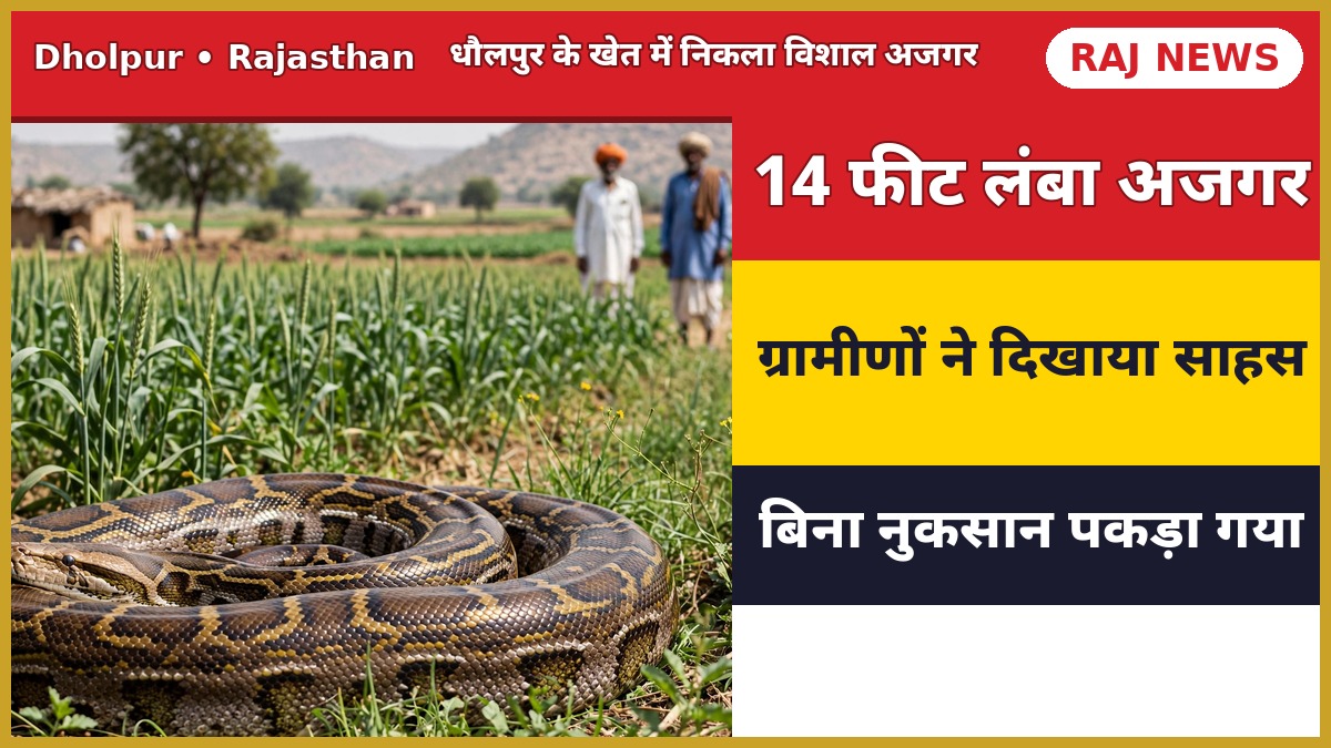धौलपुर के कंचनपुरा गांव के खेत में मिला 14 फीट लंबा अजगर और दूर खड़े ग्रामीण