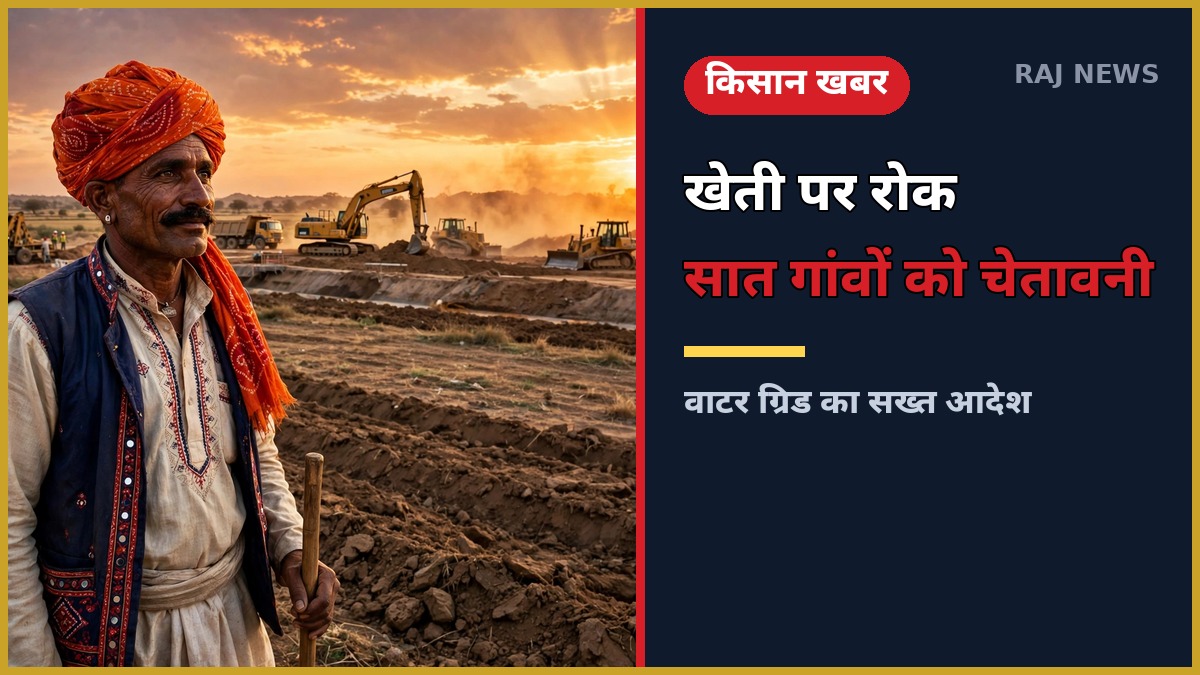 ईसरदा लिंक परियोजना — अधिग्रहित खेत में खड़ा किसान, पीछे नहर फीडर निर्माण कार्य