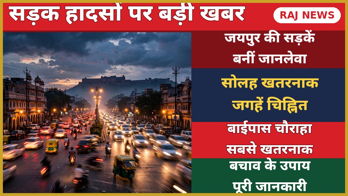 जयपुर ब्लैक स्पॉट - शाम के समय भारी ट्रैफिक वाली जयपुर की सड़क, पृष्ठभूमि में नाहरगढ़ किला