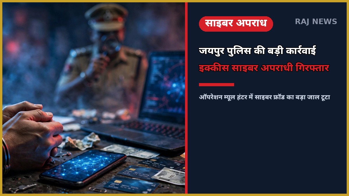 जयपुर पुलिस ऑपरेशन म्यूल हंटर में गिरफ्तार साइबर अपराधी, जब्त मोबाइल और दस्तावेज —