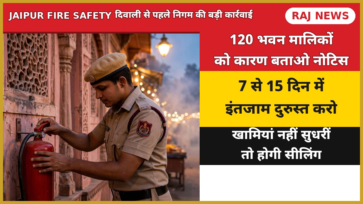 जयपुर में फायर सुरक्षा निरीक्षण — अग्निशमन यंत्र की जांच करता फायर अधिकारी