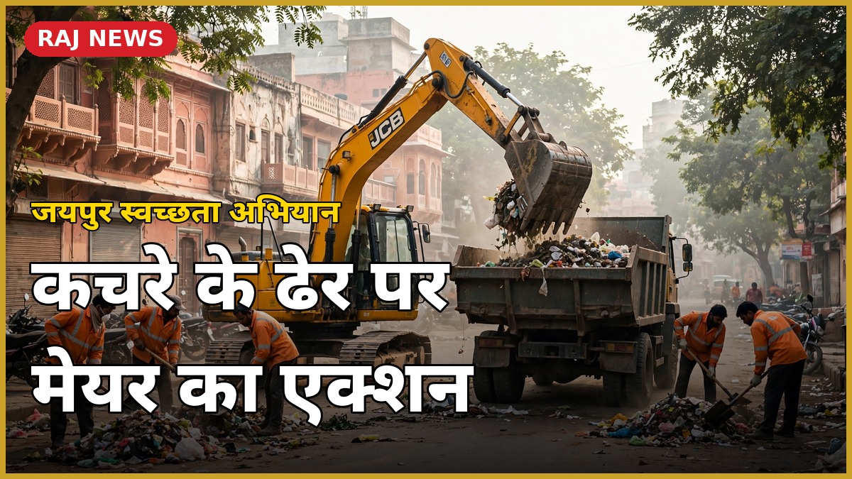 जयपुर महापौर सफाई कार्रवाई: विद्याधर नगर में जेसीबी से कचरे का ढेर हटाते सफाईकर्मी