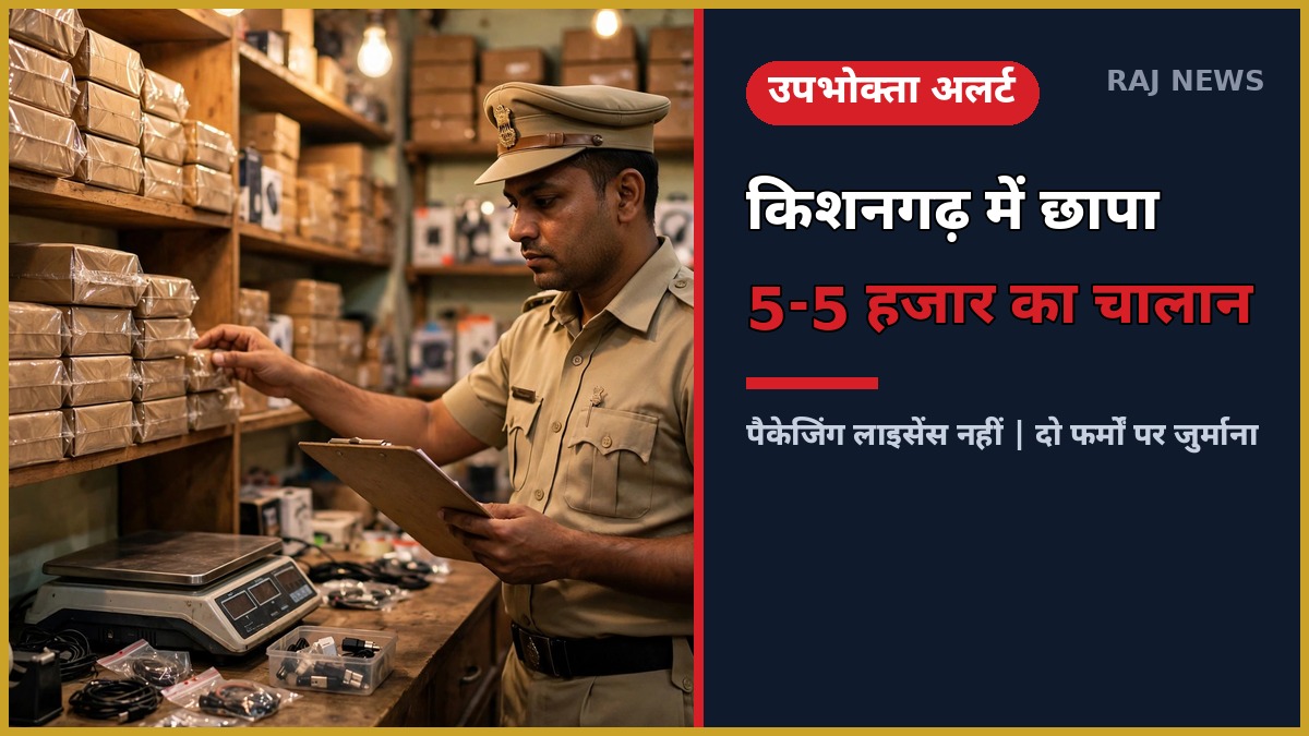 किशनगढ़ में विधिक माप विज्ञान विभाग की औचक जांच — पैकेटबंद सामान की जांच करता निरीक्षक