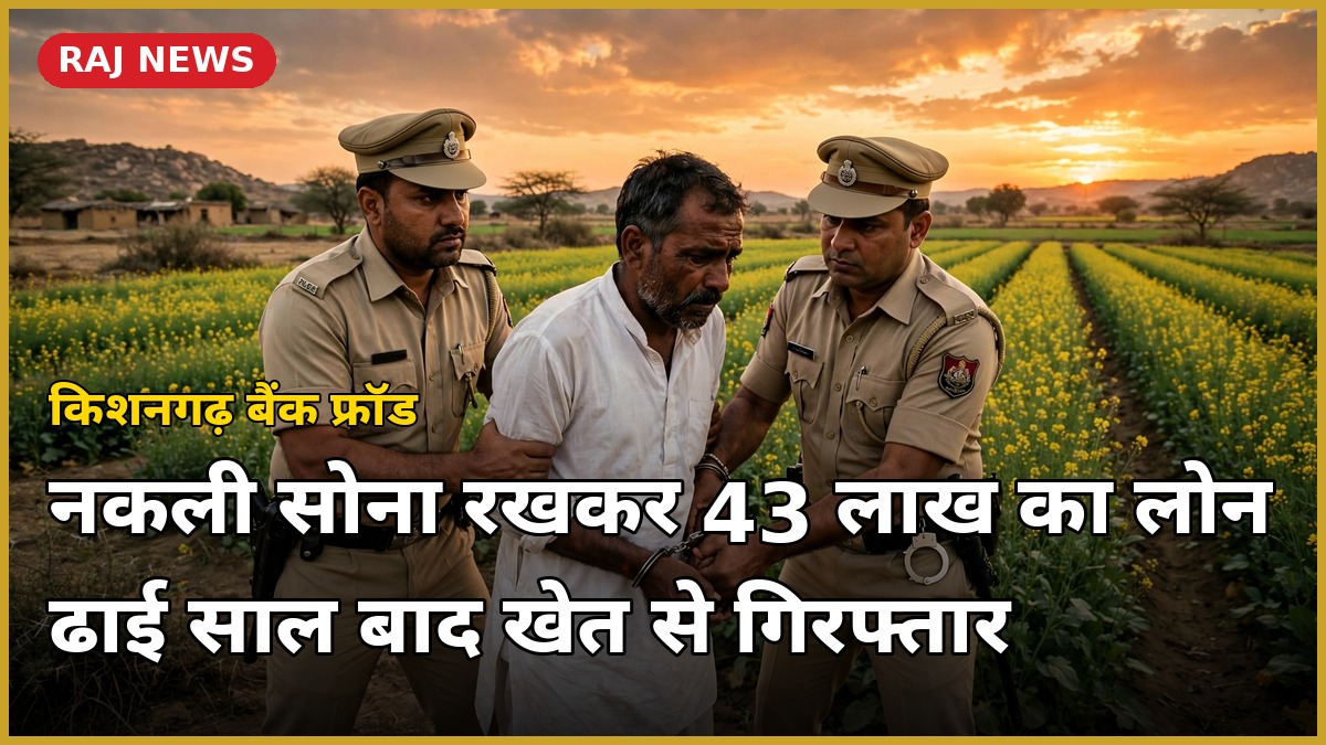 किशनगढ़ में नकली सोना गोल्ड लोन फ्रॉड के आरोपी की गिरफ्तारी — पुलिस खेत में हथकड़ी लगाते हुए