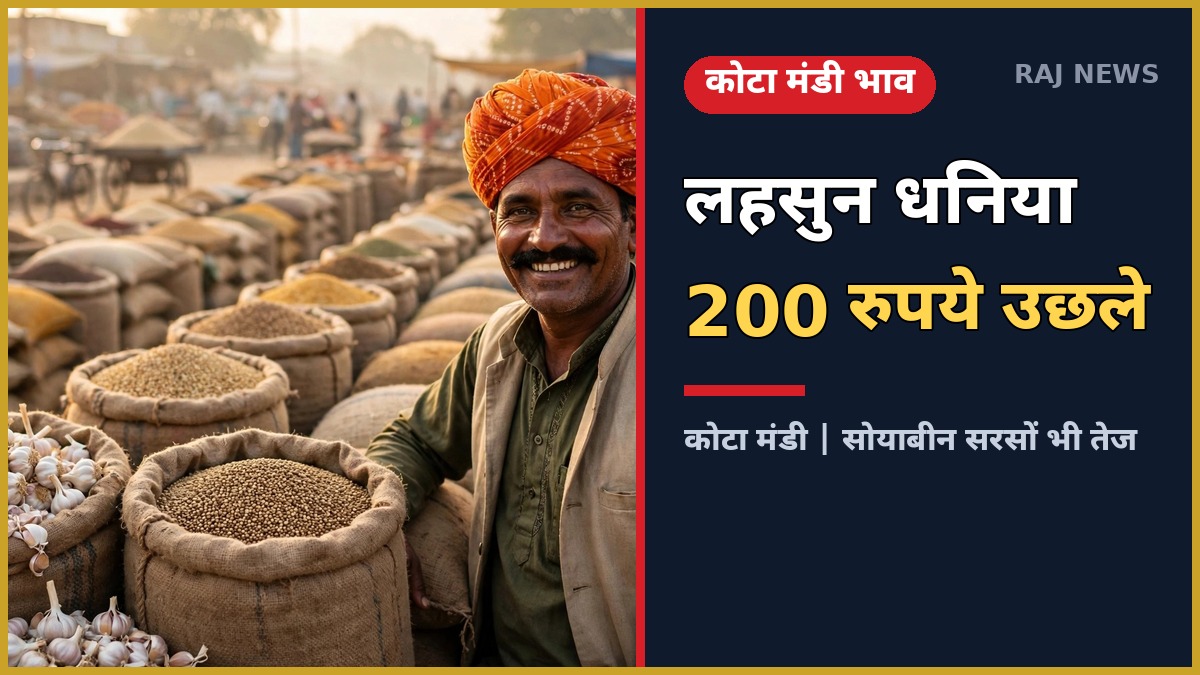 कोटा मंडी में लहसुन और धनिया के भाव — बोरी में लहसुन और धनिया के साथ किसान