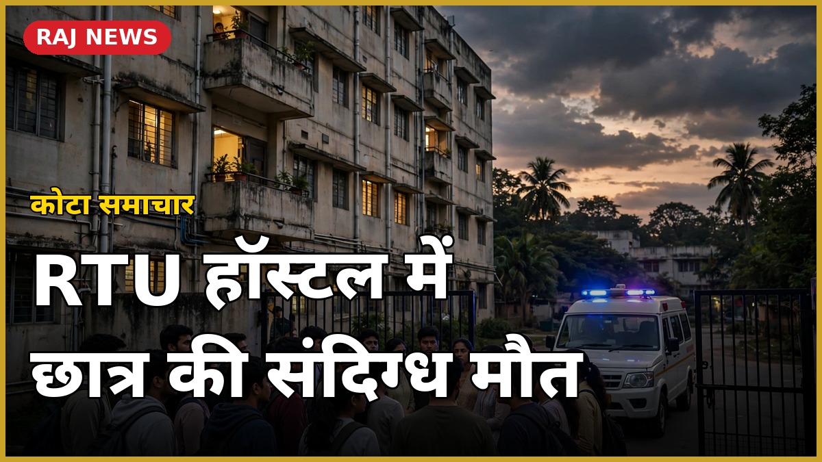 कोटा RTU छात्र मौत — हॉस्टल के बाहर छात्र और एंबुलेंस