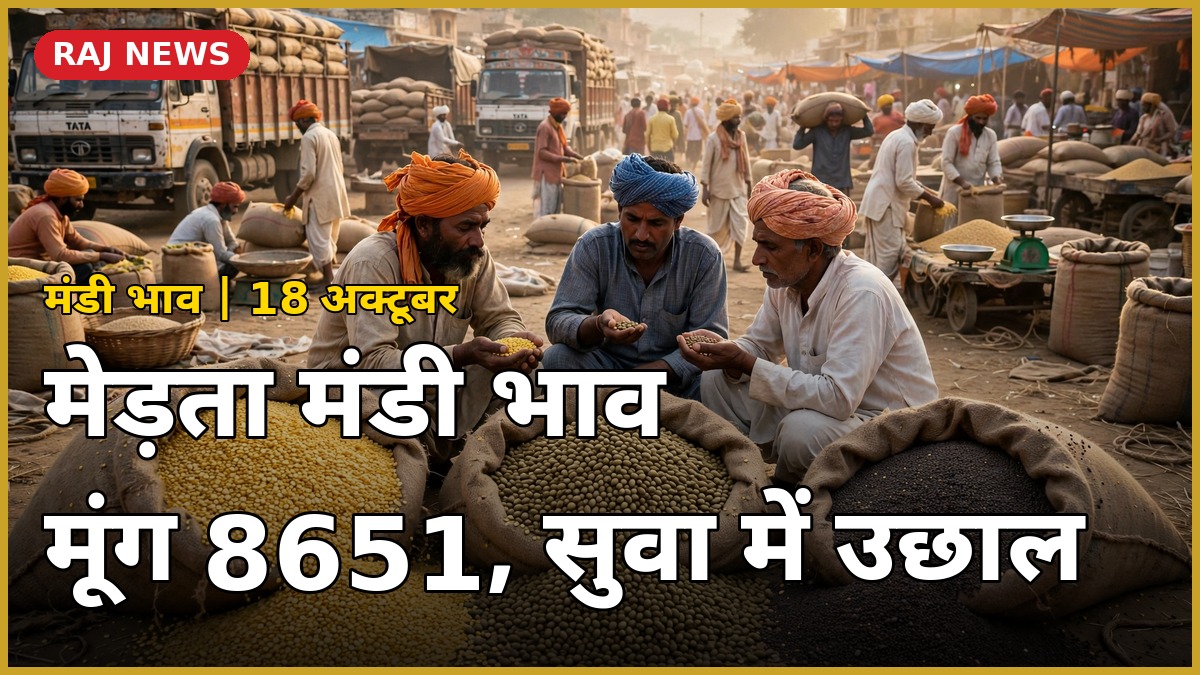 मेड़ता मंडी में फसल की बोरियों के बीच अनाज की क्वालिटी जांचते किसान — 18 अक्टूबर 2026 के मंडी भाव