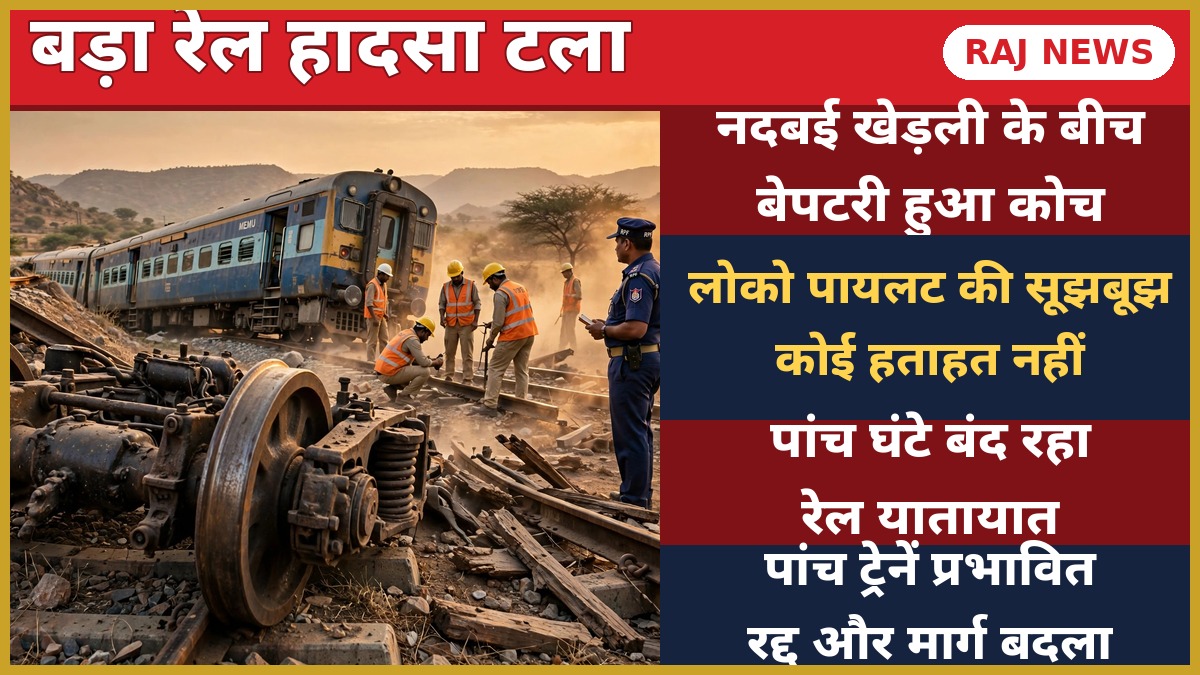 बांदीकुई MEMU ट्रेन हादसा — नदबई-खेड़ली के बीच बेपटरी हुए MEMU कोच के पास जांच करते रेलवे कर्मचारी