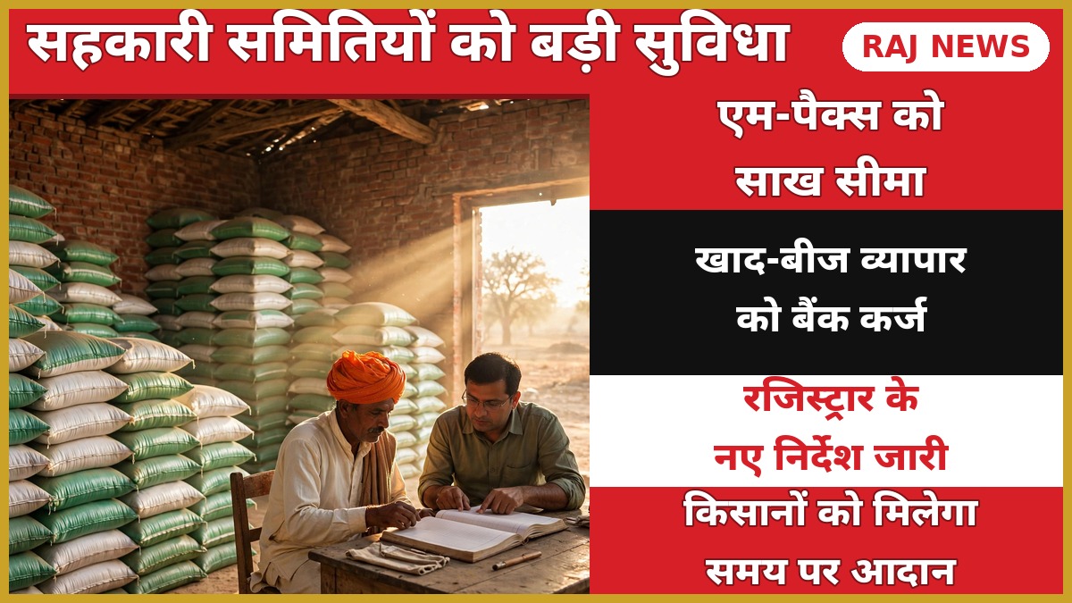 एम-पैक्स साख सीमा — खाद की बोरियों के साथ सहकारी समिति का गोदाम