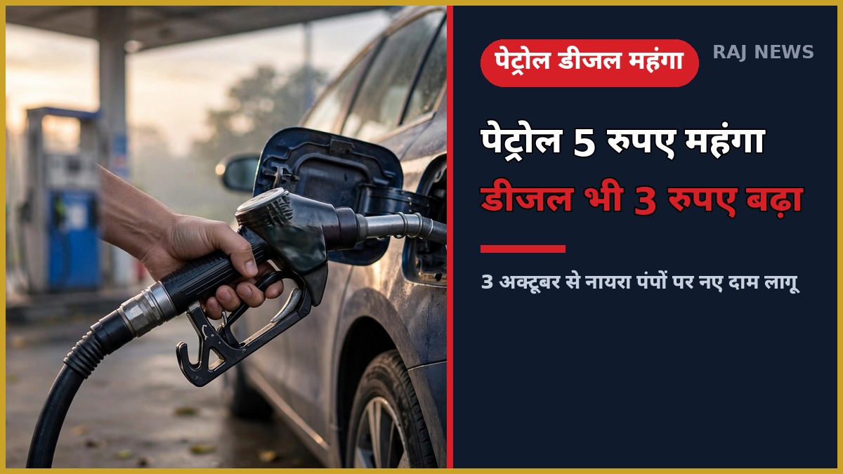 3 अक्टूबर 2026 को जयपुर में नायरा पेट्रोल पंप पर ईंधन भरवाते समय — पेट्रोल 5 रुपए और डीजल 3 रुपए प्रति लीटर महंगा