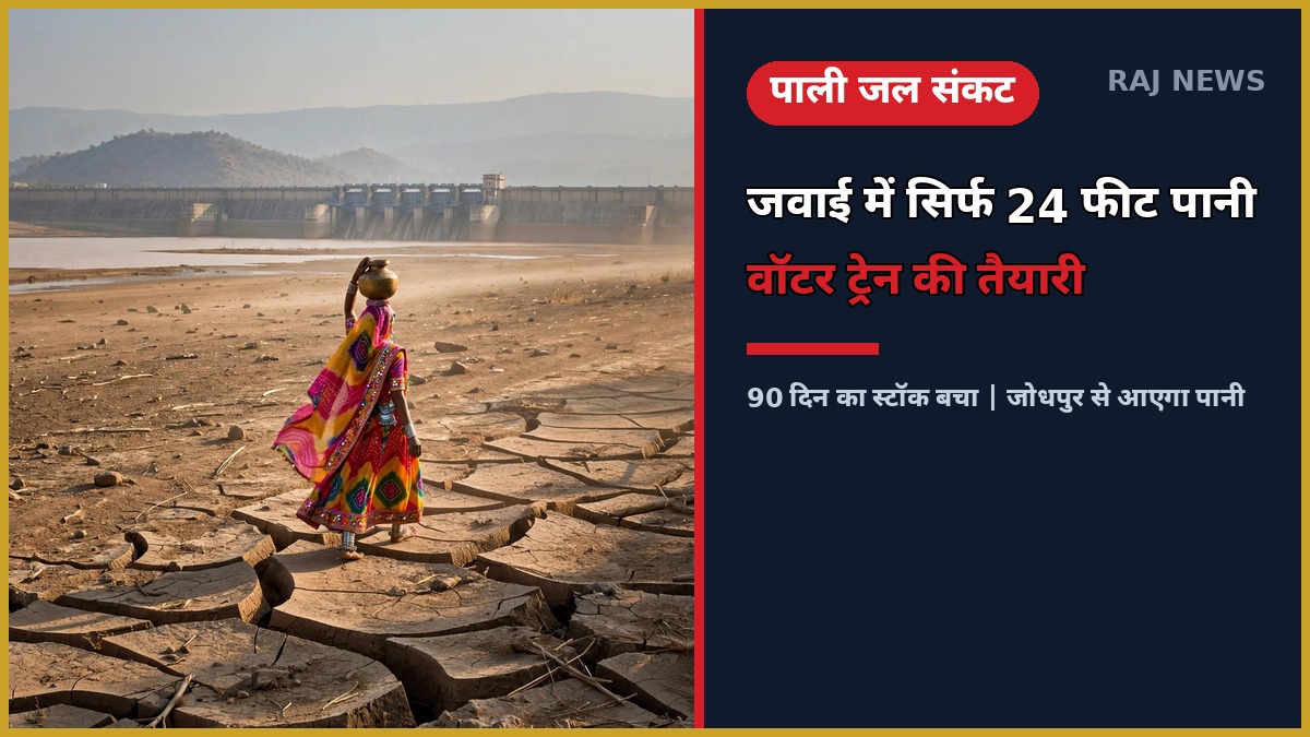 पाली में जल संकट — सूखे जवाई बांध के तल पर पानी का घड़ा लेकर जाती महिला