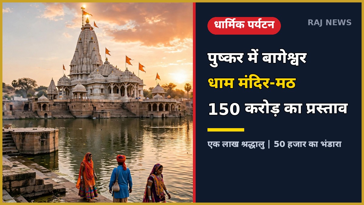 पुष्कर में बागेश्वर धाम के प्रस्तावित मंदिर-मठ का चित्रण: सूर्यास्त में मंदिर, सरोवर घाट और श्रद्धालु