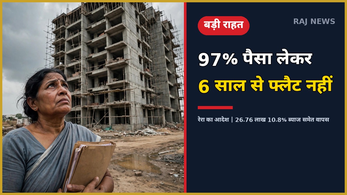 RAJ-RERA रिफंड आदेश के बाद अधूरी पड़ी आवासीय परियोजना और दस्तावेज लिए चिंतित महिला