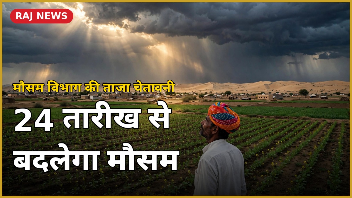 24 अक्टूबर को जोधपुर-बीकानेर में बारिश का पूर्वानुमान — खेत में किसान और तूफानी बादल