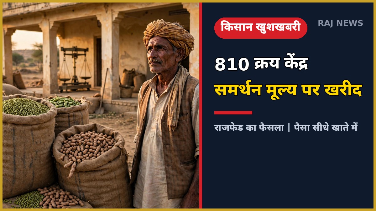 खरीफ MSP खरीद के लिए राजफेड क्रय केंद्र पर मूंग और मूंगफली की बोरियों के साथ किसान