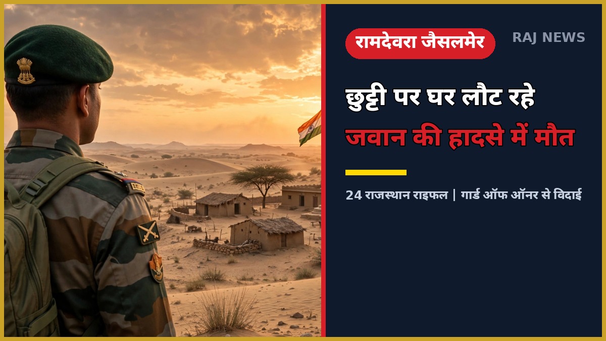 रामदेवरा के जवान मोतीसिंह तंवर को श्रद्धांजलि — सूर्यास्त में रेगिस्तानी गांव की ओर देखते भारतीय सैनिक