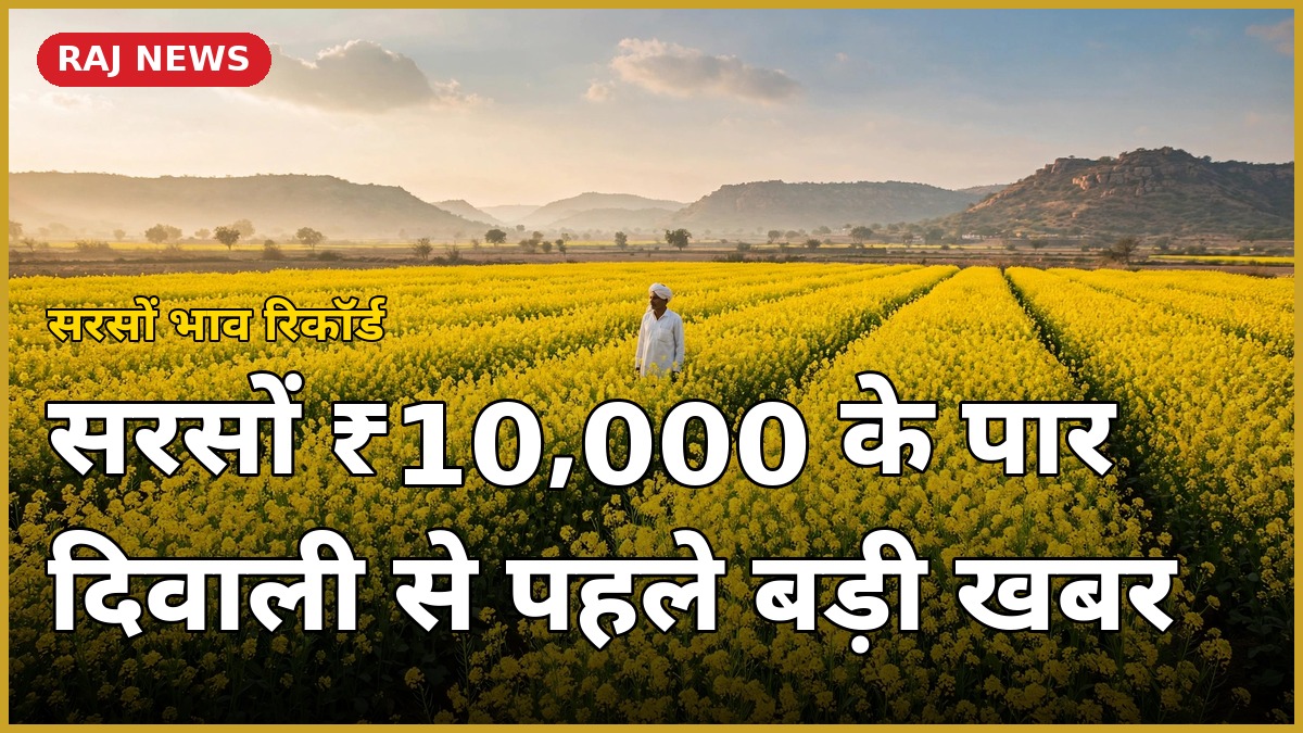 सरसों के खेत में खड़े किसान — सरसों भाव ₹10,000 पार