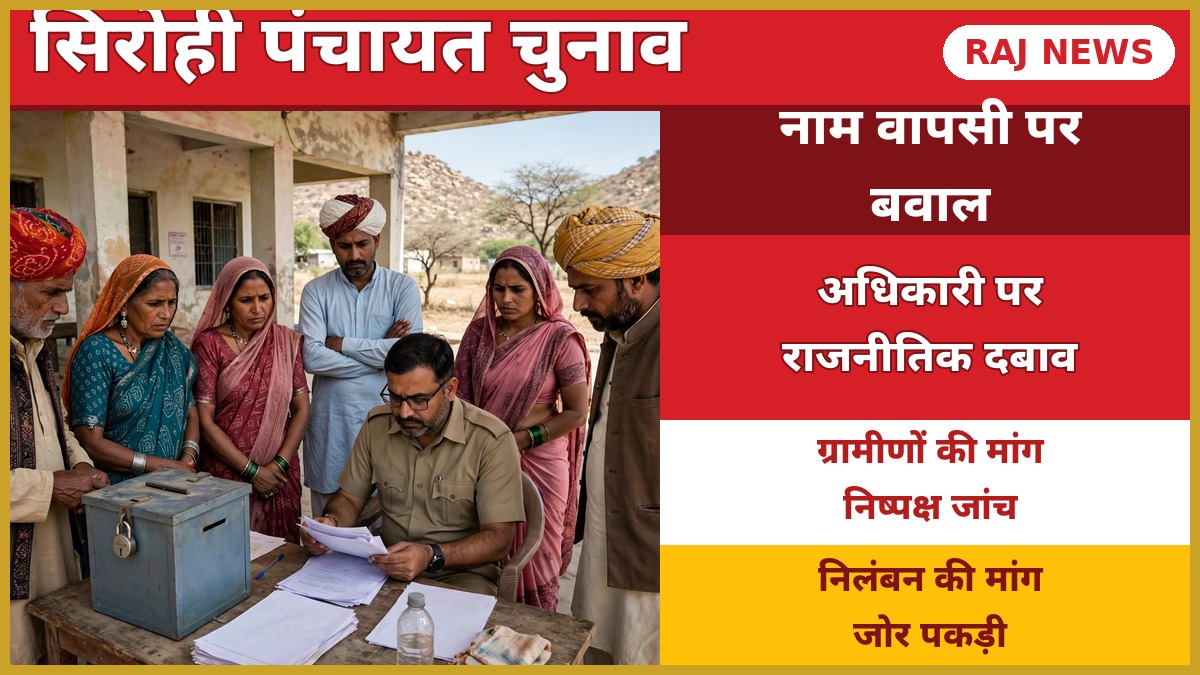 सिरोही में पंचायत चुनाव नाम वापसी विवाद — निर्वाचन कार्यालय में नामांकन पत्रों की जांच करता अधिकारी और ग्रामीण
