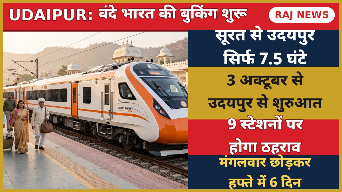 सूरत उदयपुर वंदे भारत एक्सप्रेस ट्रेन स्टेशन पर खड़ी, यात्री चढ़ते हुए