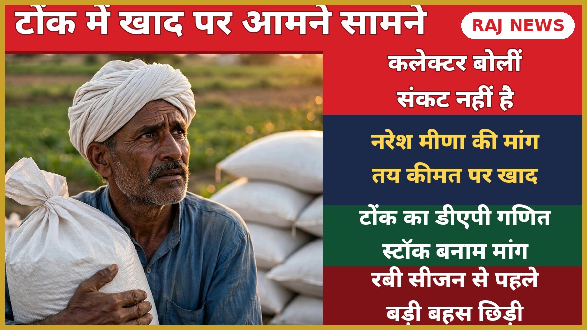 खाद की बोरी पकड़े चिंतित राजस्थानी किसान — टोंक में DAP उपलब्धता पर कलेक्टर टीना डाबी और नरेश मीणा की फोन बातचीत